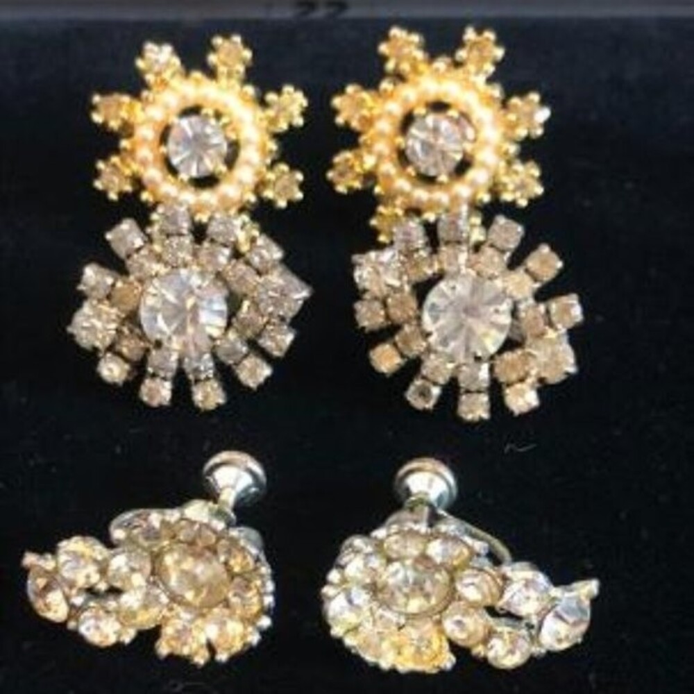 Three Pairs Vintage Screw on Rhinestone Earrings